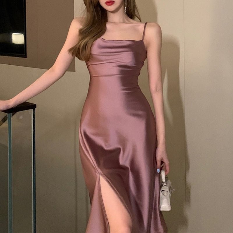 Ordifree 2022 Summer Women Satin Slip Dress Spaghetti Strap Sleeveless Sexy Backless Silk Slit Party Midi Dress