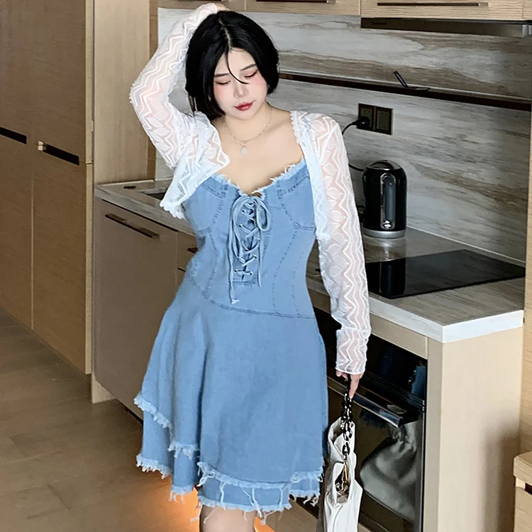 Vintage Denim Slip Dress Lace Cardigan Two Pieces - Modakawa modakawa