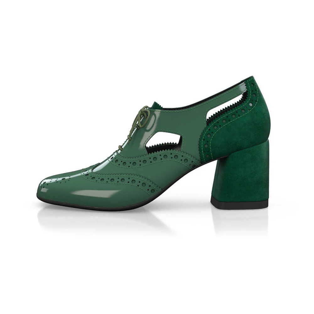 Green Square Toe Patent Leather & Faux Suede Oxford Heels for Women Nicepairs