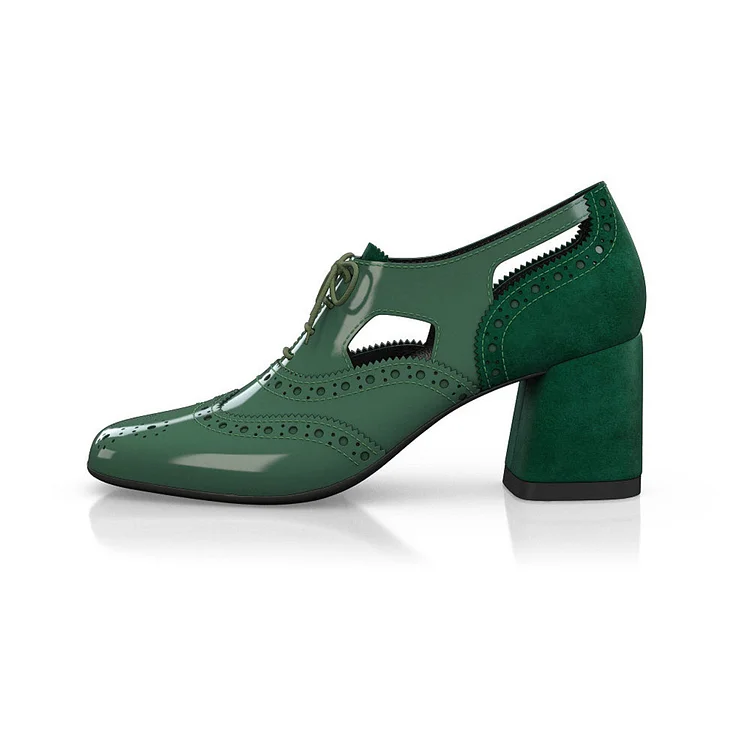 Green Square Toe Patent Leather & Vegan Suede Oxford Heels for Women |FSJ Shoes