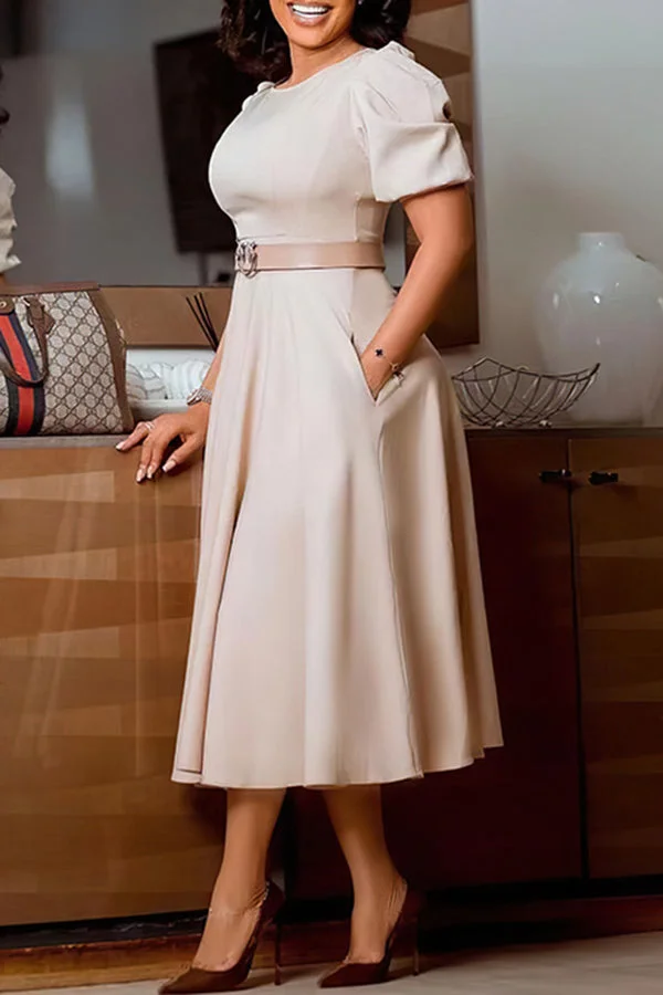 Commuter Puff Sleeve Solid Color A-Line Round Neck Midi Dress
