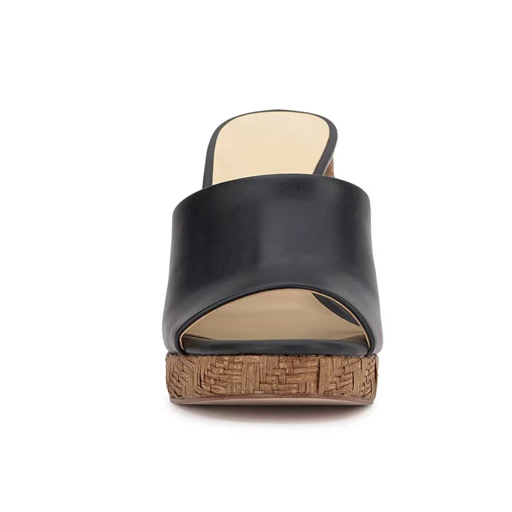 Women's Open Round Toe Woven Block Heel Black Platform Sandals