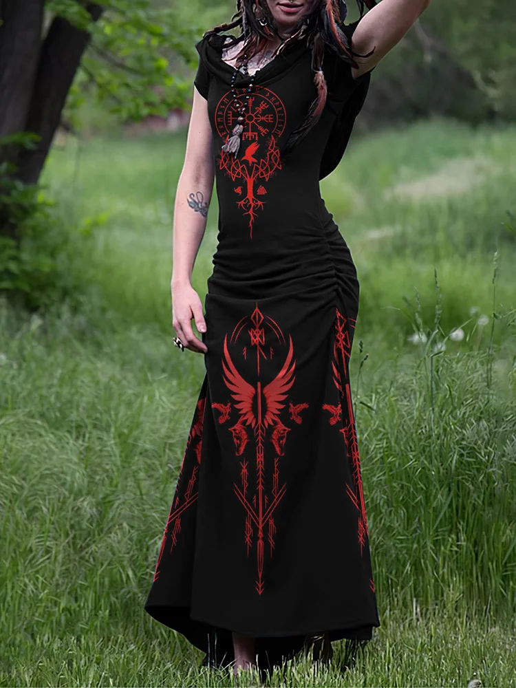 Viking Totem Print Suspender Hooded Maxi Dress