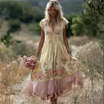 Boho Pink Floral Embroidered Lace Trim Flowy Linen Maxi Dress - Image 5