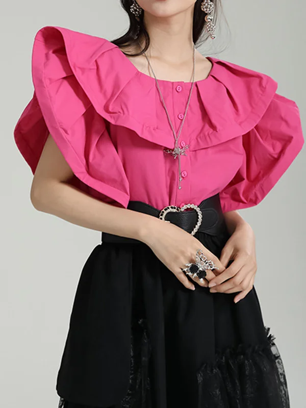 Loose Short Sleeves Falbala Pleated Solid Color Split-Joint Round-Neck Blouses