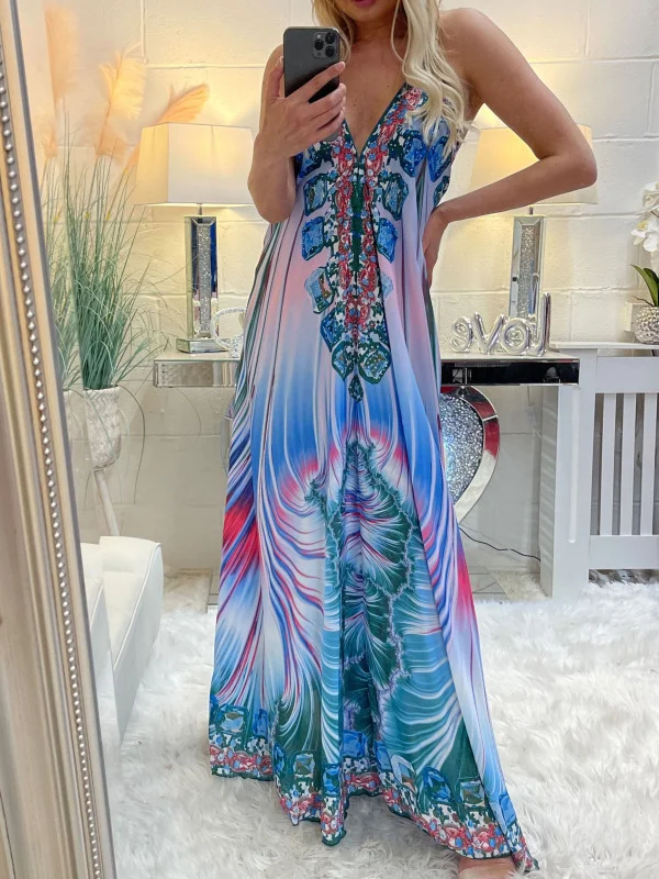 Blue Lilac Swirl Print Halterneck Maxi Dress