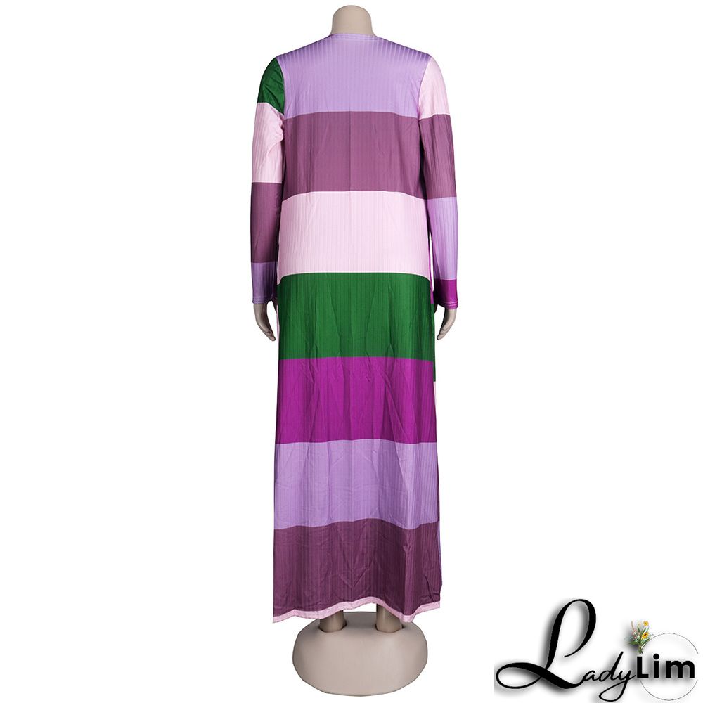 Plus Size Women Ribbed Print Colorblock Dress + Long Coat