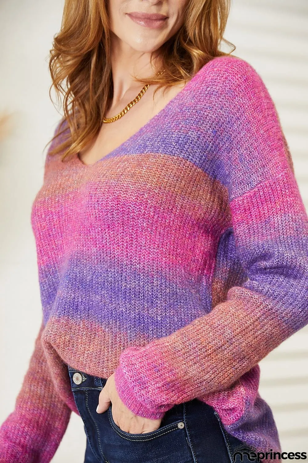 Double Take Multicolored Rib-Knit V-Neck Knit Pullover