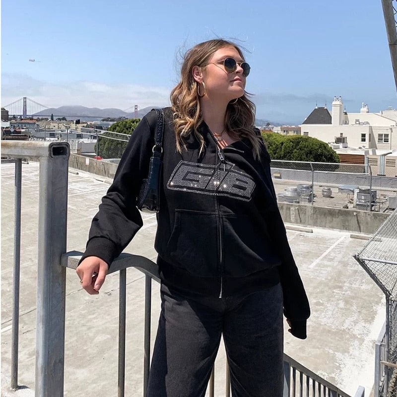 Dulzura Rhinestone Letter Print Women Long Sleeve Sweatshirt Hoodis Zipper Loose Oversized Streetwear Casual 2021 Autumn Winter