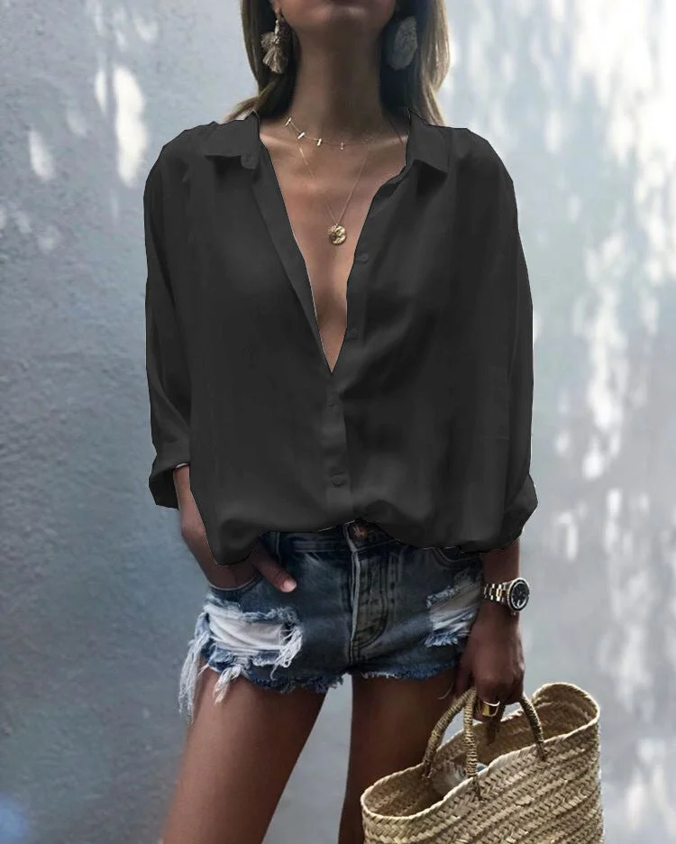 Uveng Solid Color Deep V-neck Buttons Chiffon Shirt
