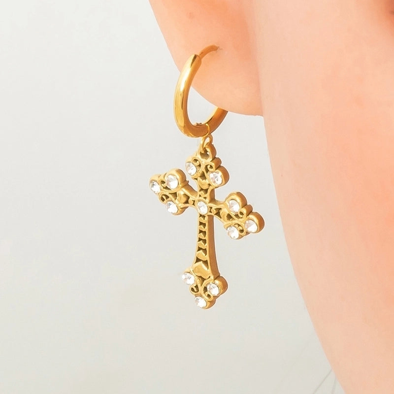 1 Pair Retro Classic Style Cross 304 Stainless Steel Zircon Drop Earrings