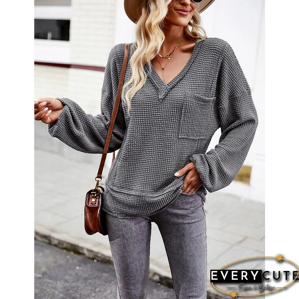 Gray V Neck Waffle Pocket Long Sleeve Tops