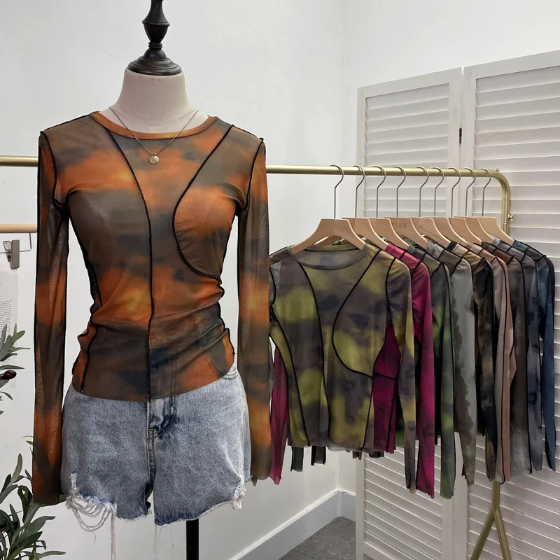 Uveng Sunset Sun Dyed Elastic Mesh Yarn T-Shirt Stacked With Long-Sleeved Top Press Line T-Shirt 8980