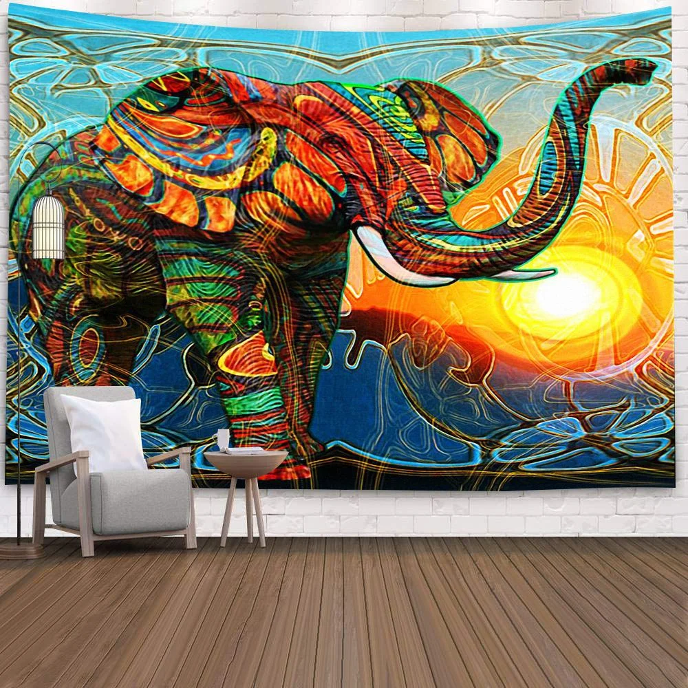Indian Elephant Print Wall Hanging Carpet Throw Yoga Mat for Home Bedroom Decor Mandala Polyester Square Tapestry Boho Carpets