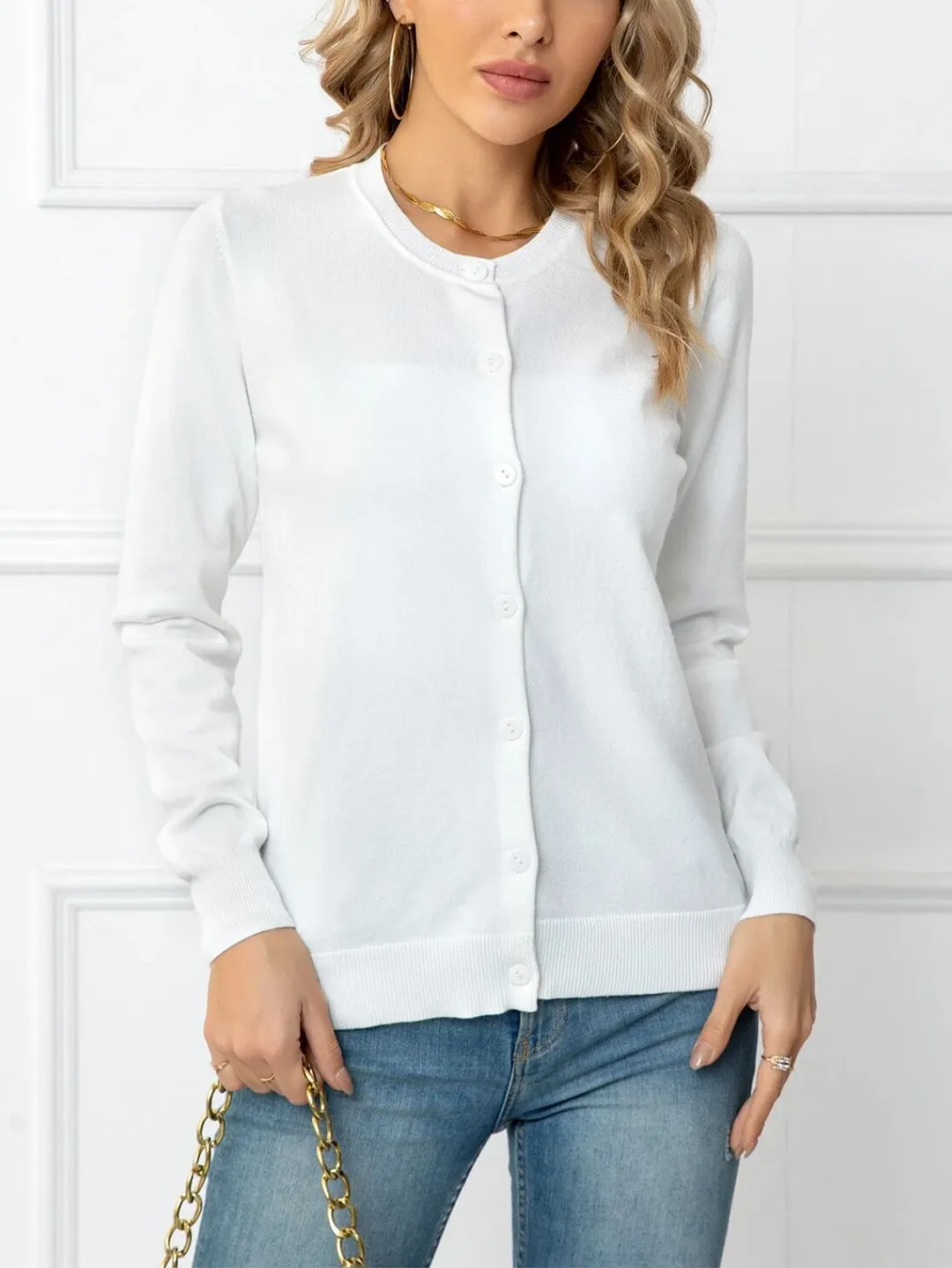 Nigikala Nigikala And Autumn Solid Color Round Collar Single Buckle Sweater Coat Casual Long-Sleeved Knitted Shirt Woman