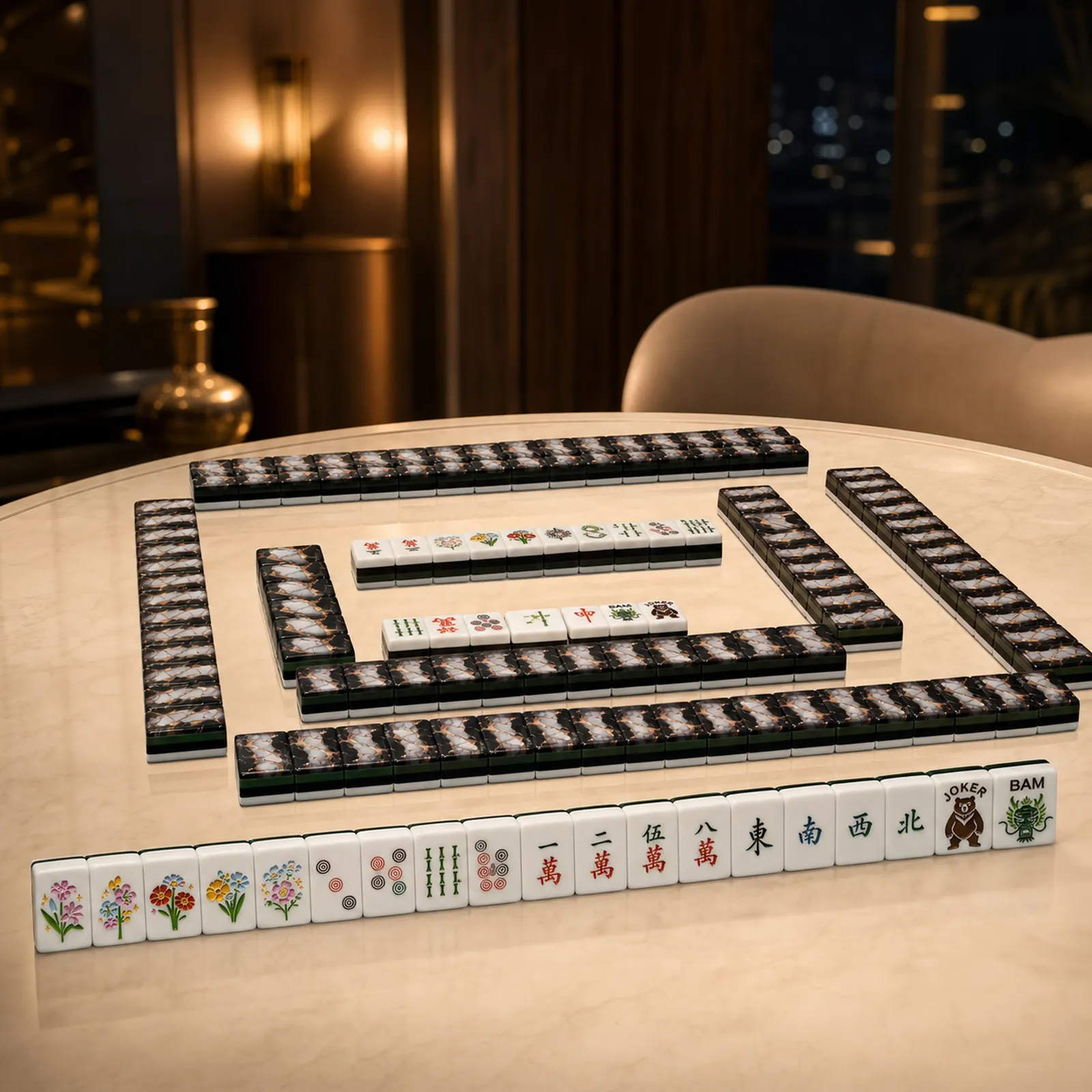 Black Gold Marble tiles styled for an elegant evening game.