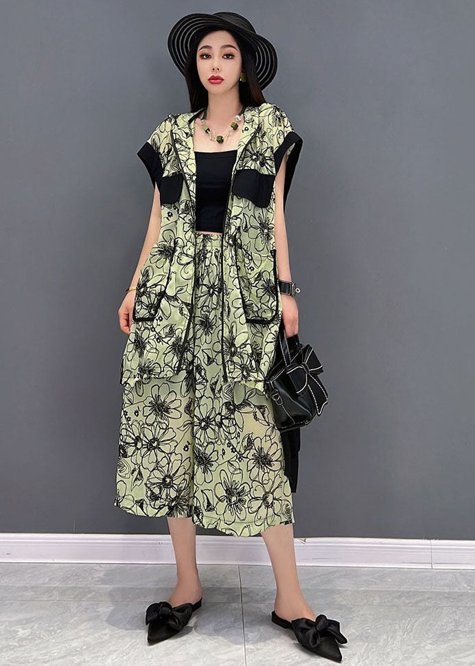 VCSHOES Green Hooded Patchwork Print Low High Design Chiffon Two Pieces Set Summer