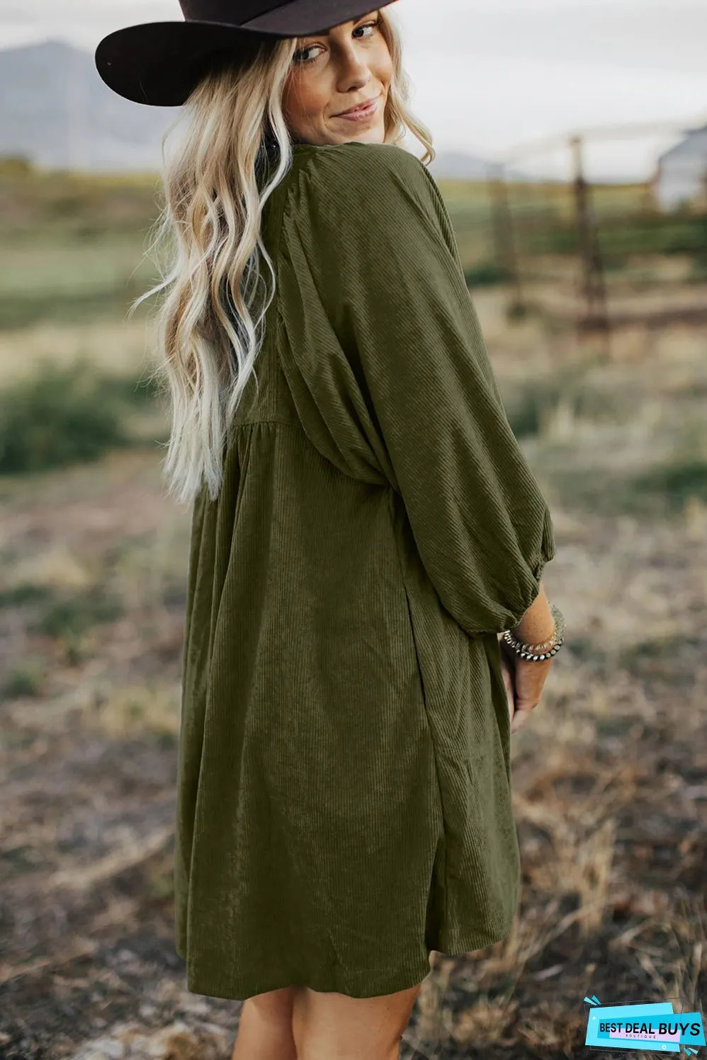 Vineyard Green Corduroy Snap Buttons Empire Waist Bracelet Sleeve Dress