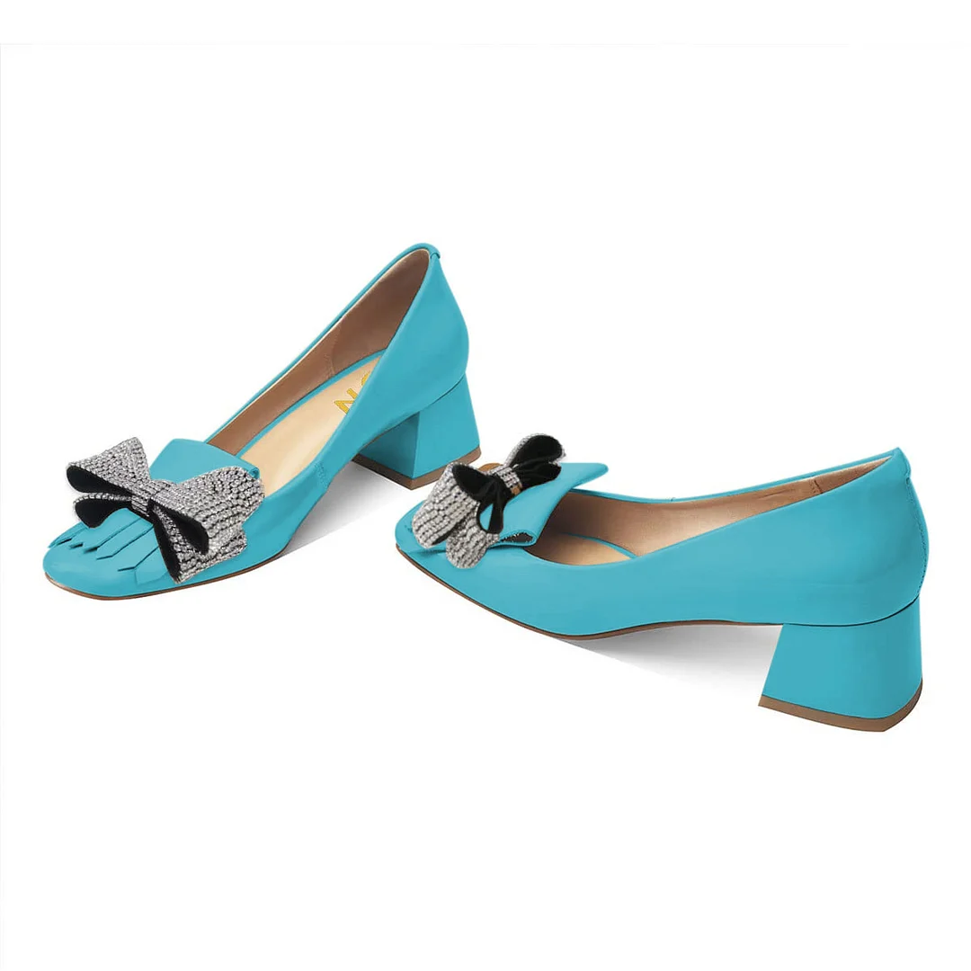 Light Blue Vegan Leather Square Toe Rhinestone Bow Fringe Pumps Heels