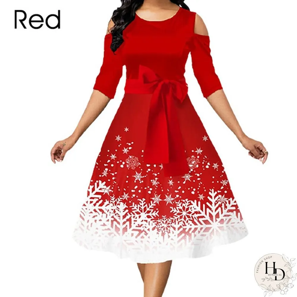 Womens Belted Snowflake Print Cold Shoulder Round-neck Elegant Dress Plus Size Fashion