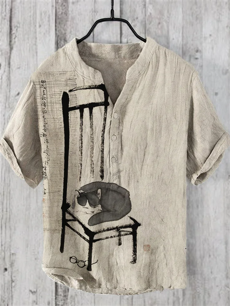 Men's Cat Black And White Painting Vintage Cotton And Linen Shirt