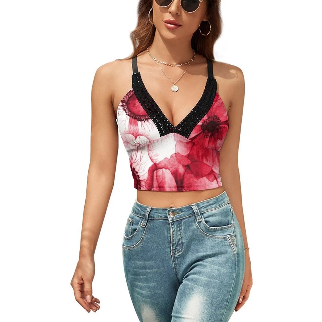 Flowers Lace Sleeveless Vest Women Backless Strappy V-Neck Casual Jumper Crop Tank Cami Top - neewho