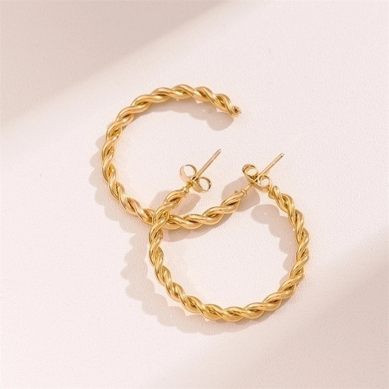 2 Pieces Retro Minimalist Round Waves Plating 201 Stainless Steel 18K Gold Plated Hoop Earrings
