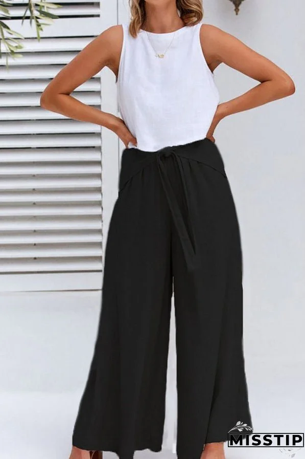 Spring and summer cotton and linen design sense strap loose wide-leg casual trousers