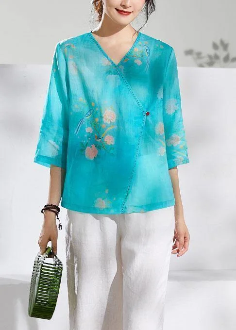 Simple green print linen clothes v neck summer blouses