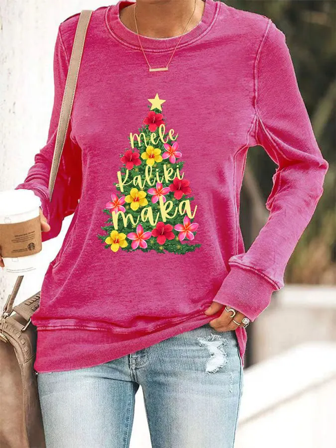 Women's Hawaiian Hibiscus Christmas Tree "Mele Kalikimaka" Print Sweatshirt