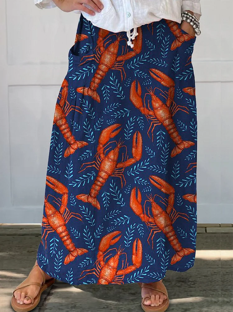 Red Lobster Repeat Pattern Printed Women's Linen Pocket Skirt