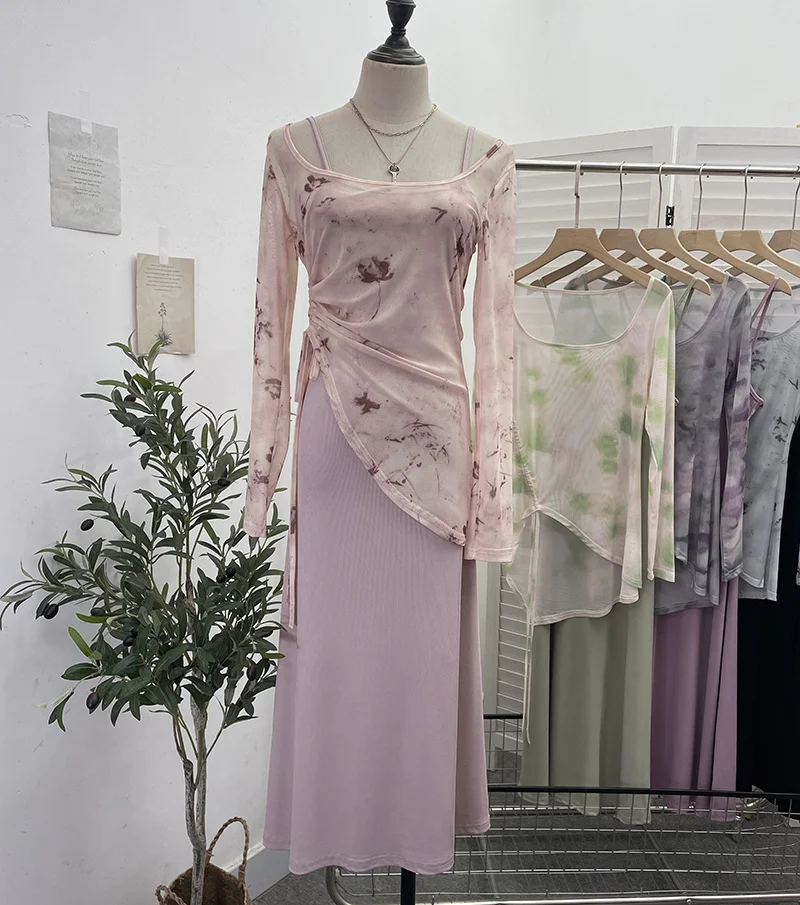 Uveng Dizzling U-Neck Rope Long-Sleeved Mesh Yarn Coat + Sling On The Back Of The Long Dress Two Sets 8859