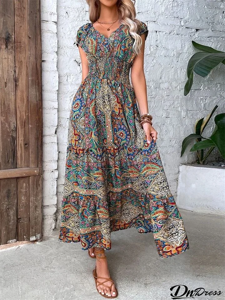 Bohemian V Neck Abstract Print High Waist Long Dress