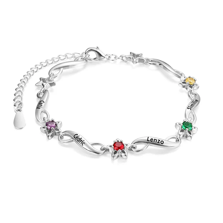 Pulsera de estrella personalizada con 4 nombres de "infinito" y 4 piedras de nacimiento