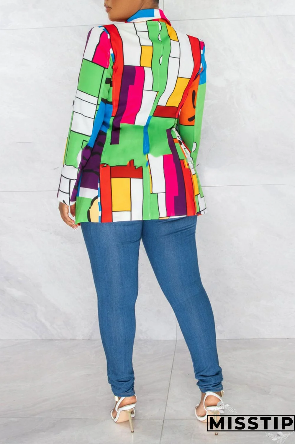 Green Fashion Casual Print Patchwork Cardigan Turn-back Collar Outerwear