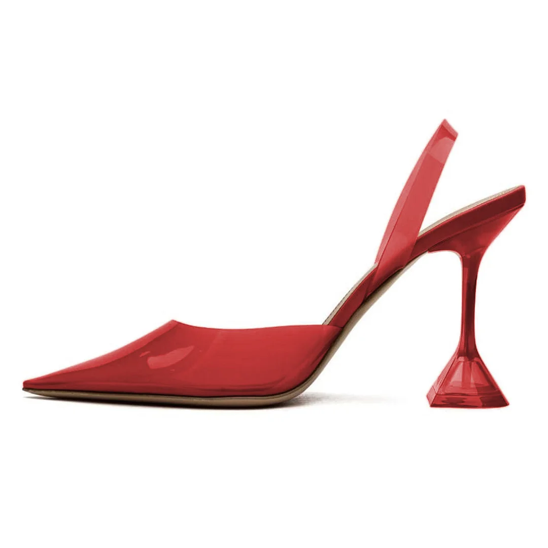 Red Transparent Pointed Toe Slingback Pumps with Flared Heel