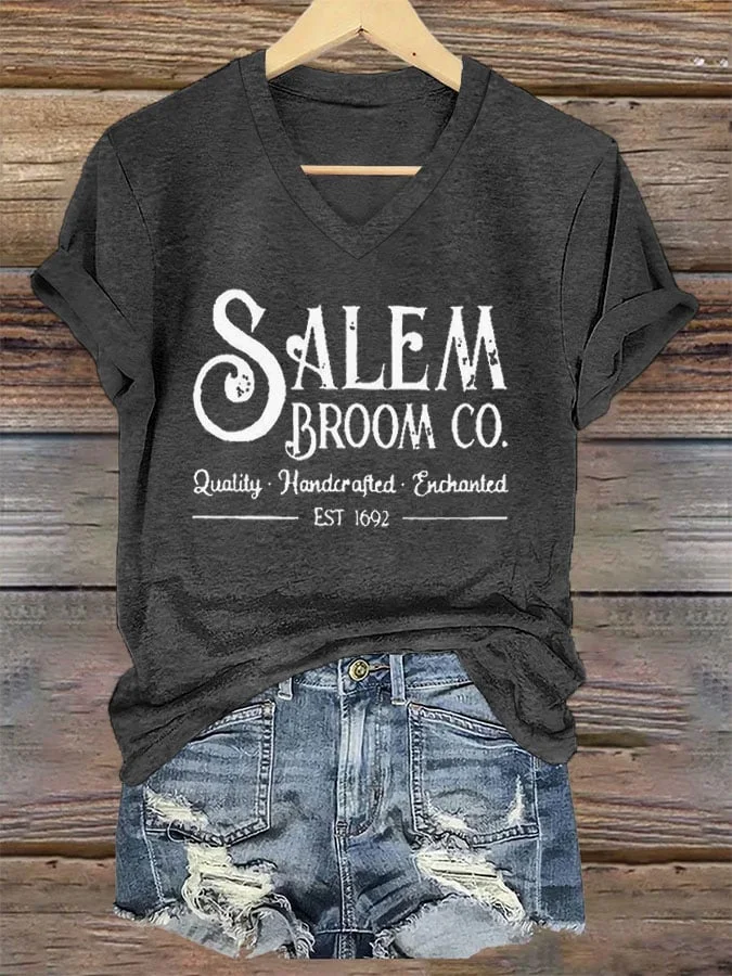Women's Salem Broom Co Quality Handcrafted Enchanted Est 1692 Print T-Shirt