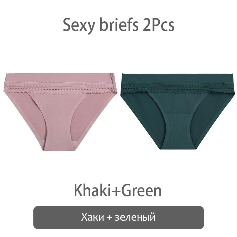 FINETOO 2Pcs/set Lace Panties Women Silk Underwear M-XL Smooth Panty Comfortable Girls Underpants Sexy Briefs 6 Colors Lingerie