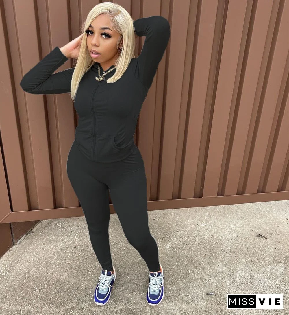 Solid Hooded Zipper Coats Skinny Pants Tracksuits