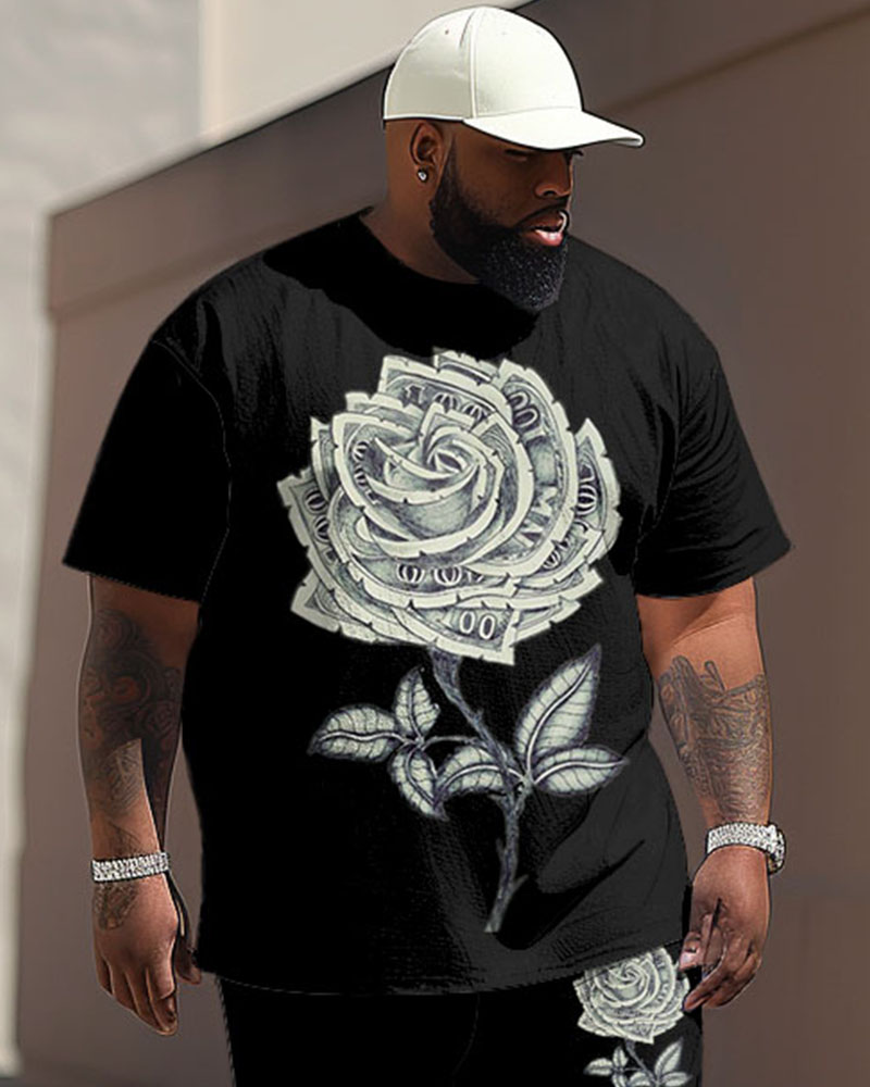 Men's Plus Size Street Fashion Money Rose Print T-Shirt Trousers Set