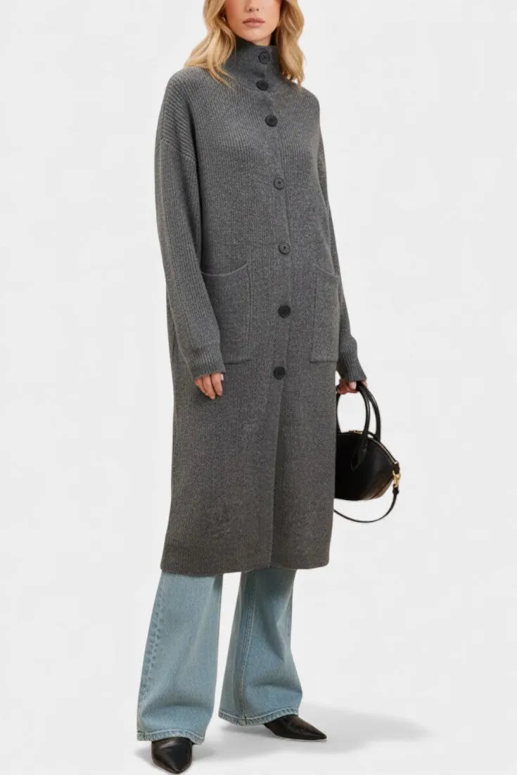 Oversized Knit Coat with High Neck and Button Closure