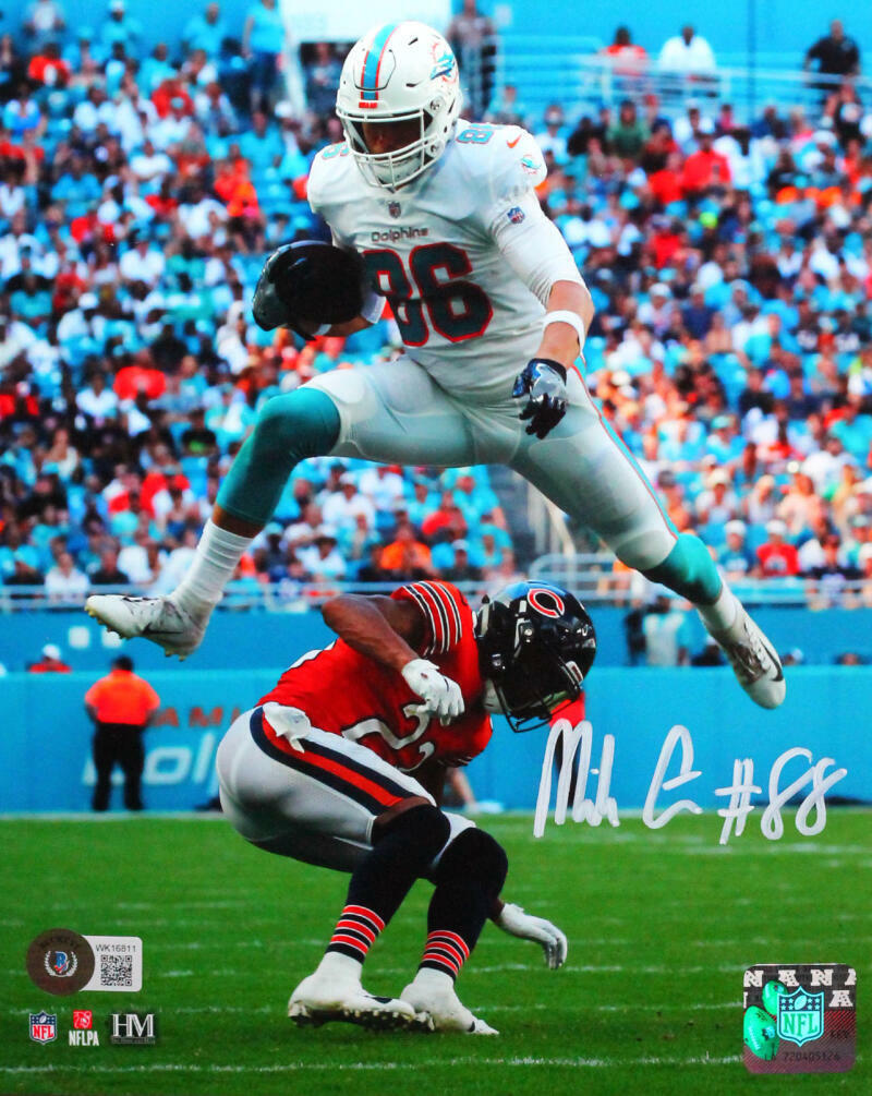 Mike Gesicki Autographed Miami Dolphins Jump Over 8x10 HM Photo Poster painting- Beckett W*White