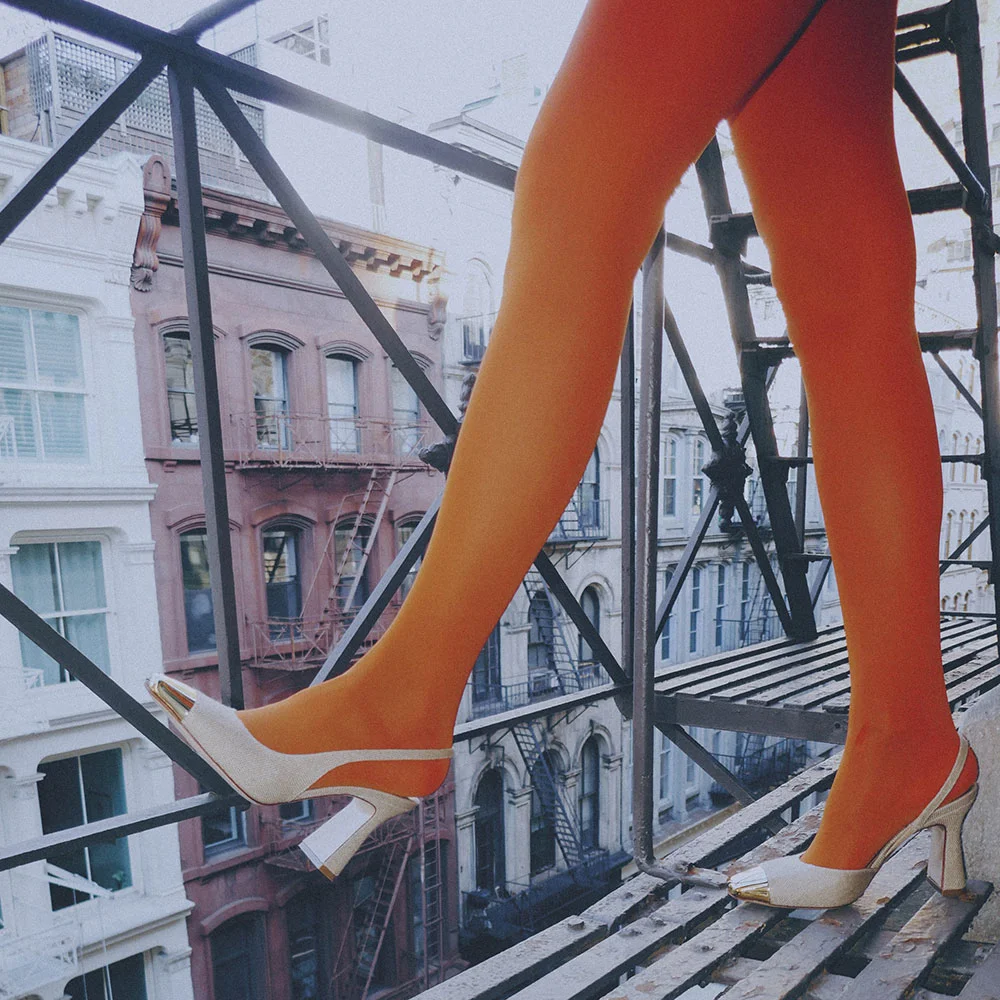 Taupe Canvas Chunky Heel Slingback Metal Square Toe Pumps Shoes