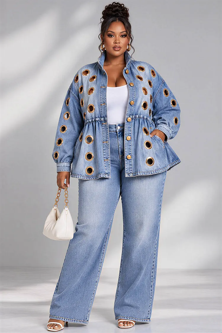Xpluswear Design Plus Size Daily Blue Long Sleeve Cut Out Denim