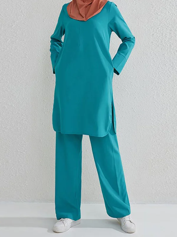 Long Sleeves Pockets Solid Color Split-Side Round-Neck Shirts Top + Pants Bottom Two Pieces Set