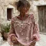 Women's Vintage Rose Embroidery Art Round Neck Long Sleeve Linen Blend T-shirt - Image 3