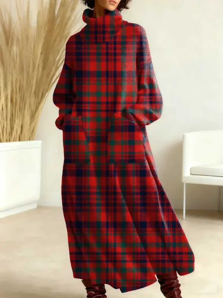 Women's Vintage Plaid Art Print Casual Cotton Knitted Dress