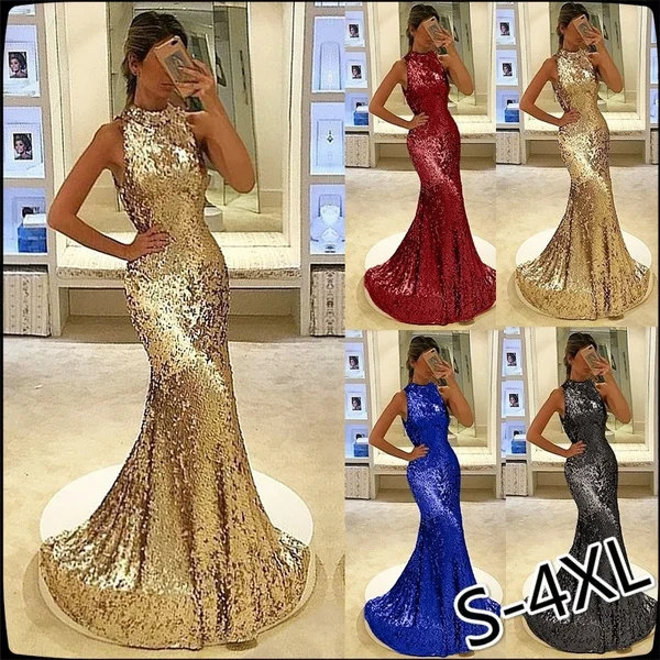 Women Sleeveless O Neck Sequin Party Prom Dress Shinny Slim Fit Fishtail Maxi Dress Elegant Evening Party Dress