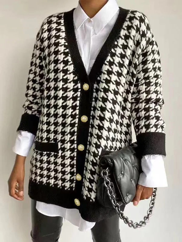 Urban Long Sleeves Checkered V-Neck Cardigan Tops