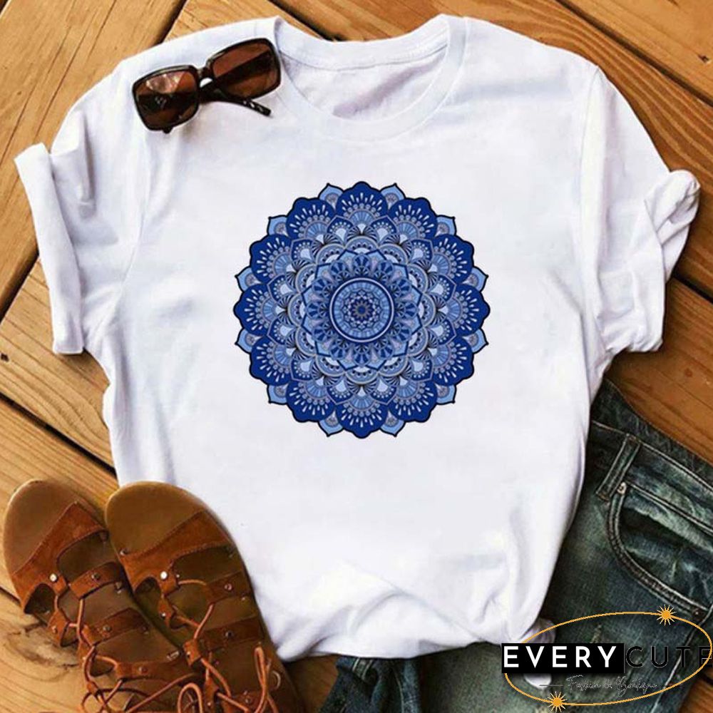 Maycaur New Mandala Floral Printed T Shirt Women Casual Fashion T-shirt Loose Short Sleeve 90s Girls Aesthetics Black Tshirt Top